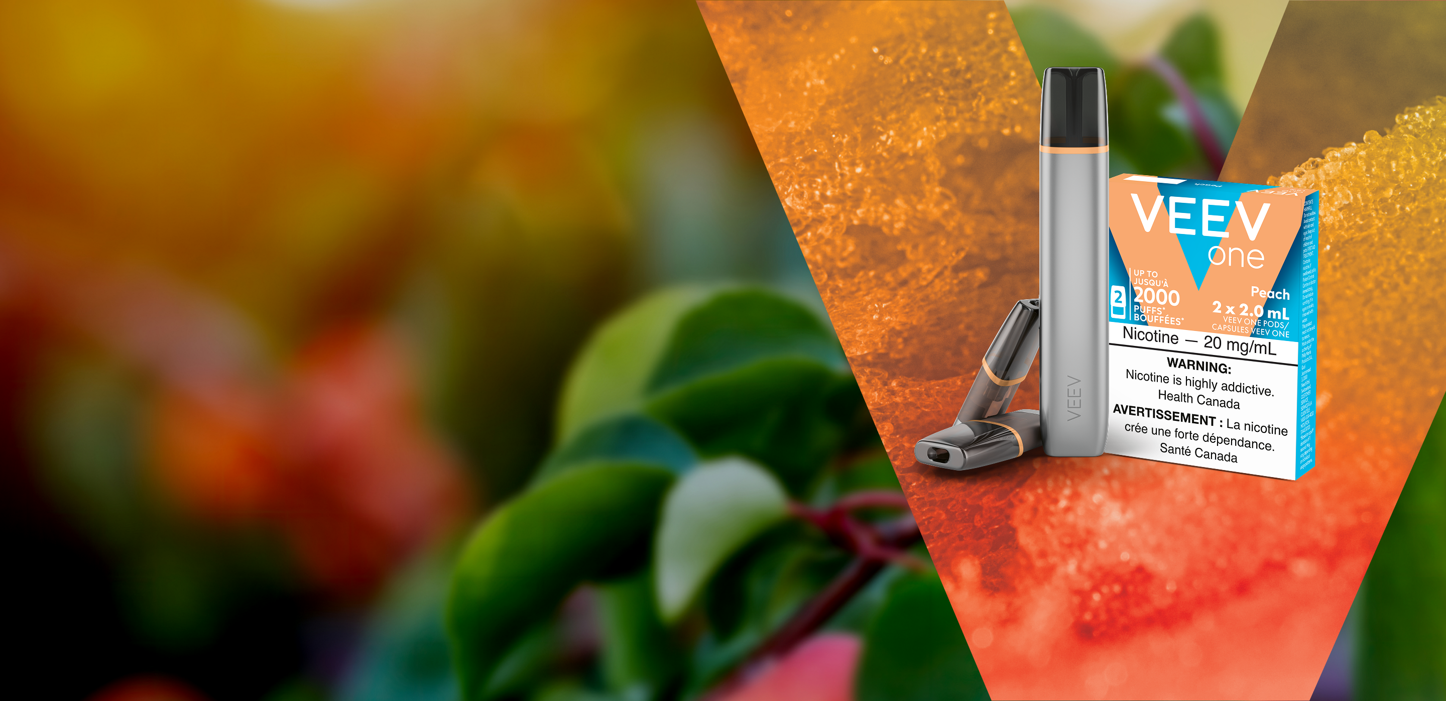 VEEV ONE vape and pack of pods on orange background